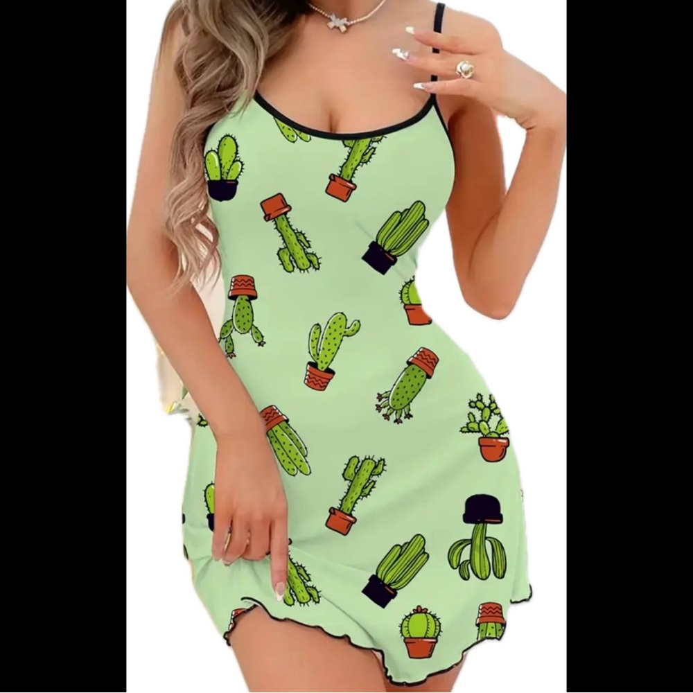 Green, Cute Cactus, Night Slip